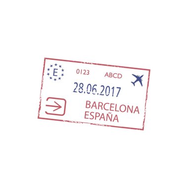 Barselona Havaalanı 'na resmi varış damgası izole edildi. Vektör göçmenlik mührü, uçak ve kalkış tarihi