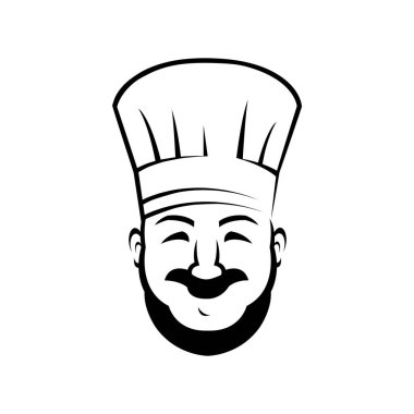 Neşeli şef çizgisi sanat temsilciliği. Şef şapkalı mutlu fırın kalem çizimi. Şekerci, sakal çizimli fırıncı. Fırın, restoran logosu. Yemek şirketi tasarım elemanı