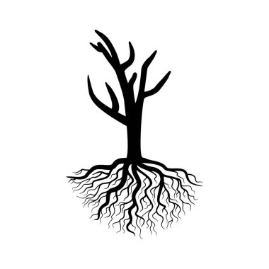 Ürkütücü ölü ağaç silueti vektör çizimi. Sonbahar, kış mevsimi, tek renk sembolü çizilmiş doğa ölüm eli. Çıplak taç monokrom çizimli korkunç bir ağaç. Yalnız odun, kuru dallar, kök sistemi.