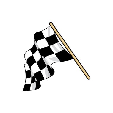 Damalı yarış bayrağı düz vektör çizimi. Hız yarışları çizgi film etiketi. Motokros, şampiyonluk sembolü taşıyor. Başla, tabela bitir. Rally, Grand Prix izole tasarım elementi