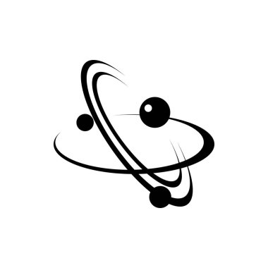 Atomik enerji sembolü siyah vektör simgesi. Kimyasal reaksiyon işareti. Elektronlar yörüngelerde minimum çizim ile hareket ediyorlar. Atom enerjisi konsepti. Nükleer reaksiyon modeli silueti beyaz arkaplanda izole edildi