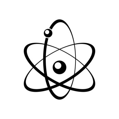 Atomik enerji sembolü siyah vektör simgesi. Kimyasal reaksiyon işareti. Elektronlar yörüngelerde minimum çizim ile hareket ediyorlar. Atom enerjisi konsepti. Nükleer reaksiyon modeli silueti beyaz arkaplanda izole edildi