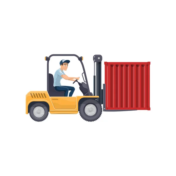 Vorkheftruck Met Chauffeur Vector Geïsoleerd Pictogram Laadcontainer Voor Magazijnpersoneel Met — Stockvector