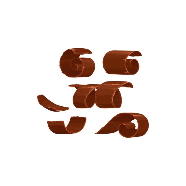 巧克力片或牛奶卷或黑巧克力 病媒分离图标 巧克力刨花和螺旋卷 可可食品和糖果甜食 — 图库矢量图片