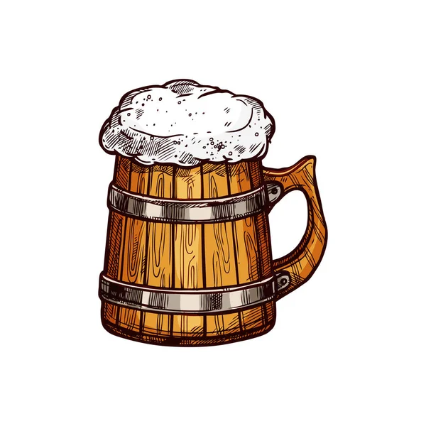 Holzkrug Mit Frostigem Bier Isoliert Alkoholgetränk Sketch Vektor Helles Oder — Stockvektor