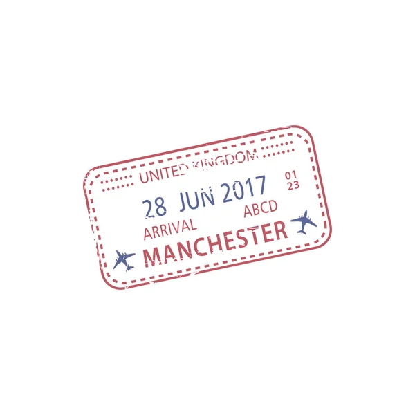 Sello Llegada Manchester Aislado Vector Viaje Avión Visa Signo Inmigración — Archivo Imágenes Vectoriales