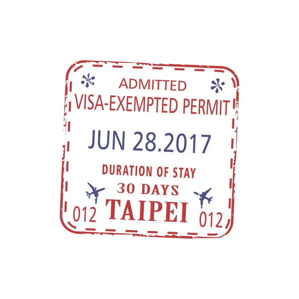 Visa Stamp Admission Stay Taipei Days Isolated Vector Visa Exempt — Stock Vector