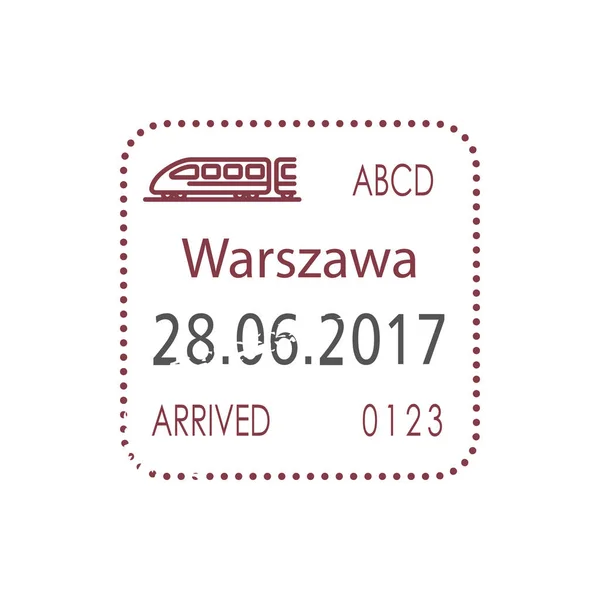 Arrivato Varsavia Treno Visto Ferroviario Timbro Controllo Isolato Vettoriale Polonia — Vettoriale Stock