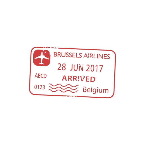 Belgium Visa Stamp Isolated Arrived Brussels Airlines Vector Grunge Passport — Stock Vector