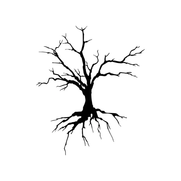 令人毛骨悚然的枯树轮廓矢量图解 自然死亡手绘单色符号 单色光冠画的恐怖树 孤独的木材 干枯的枝条 — 图库矢量图片