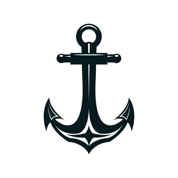 Marine anchor silhouette vector illustration. Navy, ocean fleet, harbor hand drawn monocolor symbol. Heavy steel nautical anchor monochrome badge. Sailor tattoo, sea travel agency logo design element