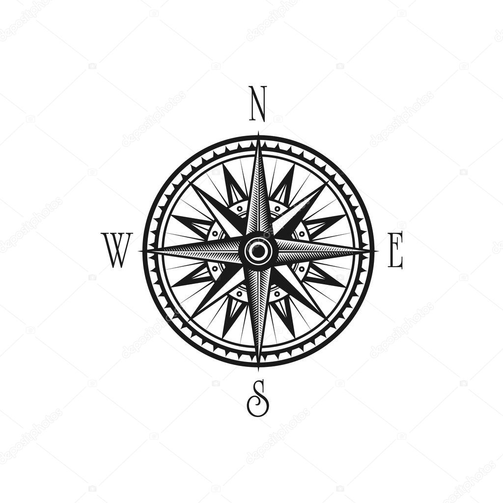 Wind of rose isolated compass navigation symbol with south, west, east and north sides. Vector monochrome windrose