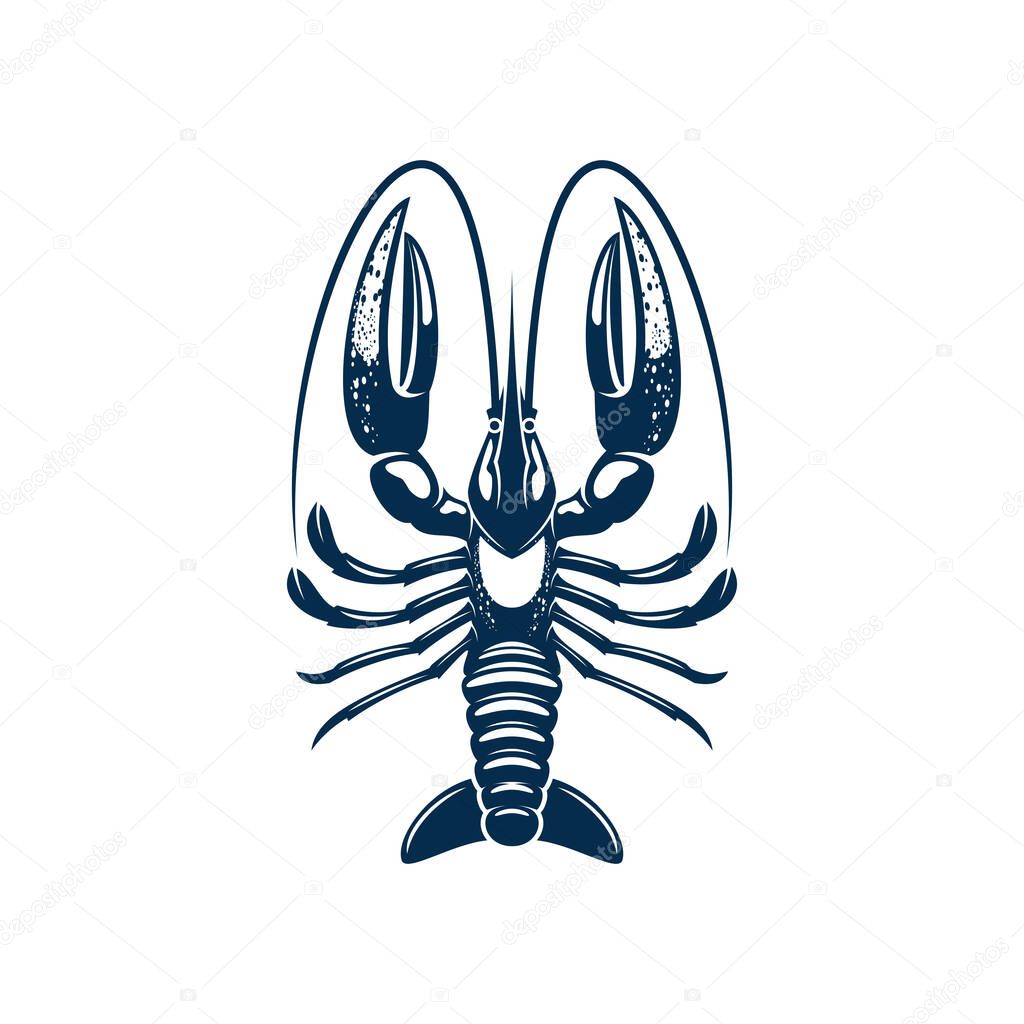 Lobster seafood animal isolated crustacean with big claws. Vector blue shellfish with pincers, edible meat