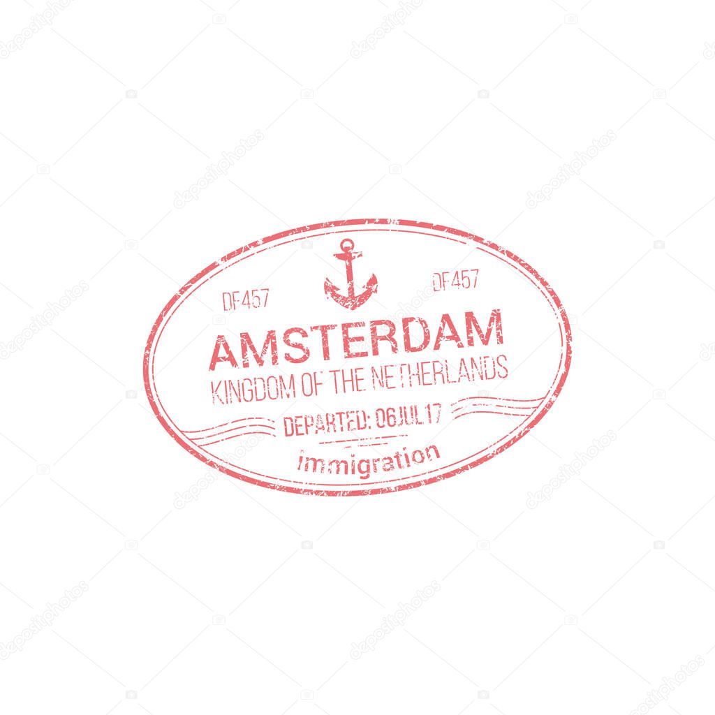 Immigration visa stamp of Amsterdam isolated Netherlands passport control seal. Vector international legal pass