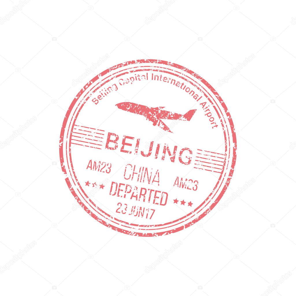 Beijing international airport visa stamp isolated Chinese border control. Vector country legal pass sign