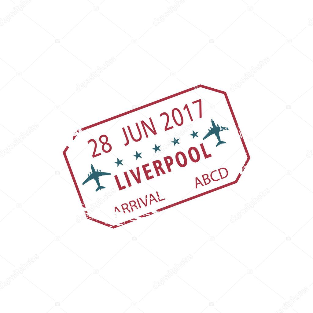 Official arrival stamp to Liverpool UK isolated. Vector immigration seal, Liverpool John Lennon Airport, LPL