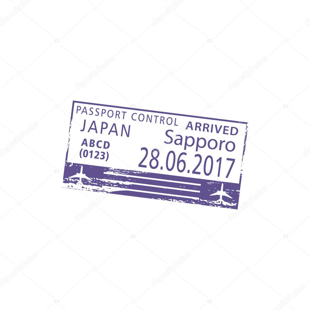Sapporo airport passport control in Japan isolated visa stamp. Vector arrived sign, plane and date