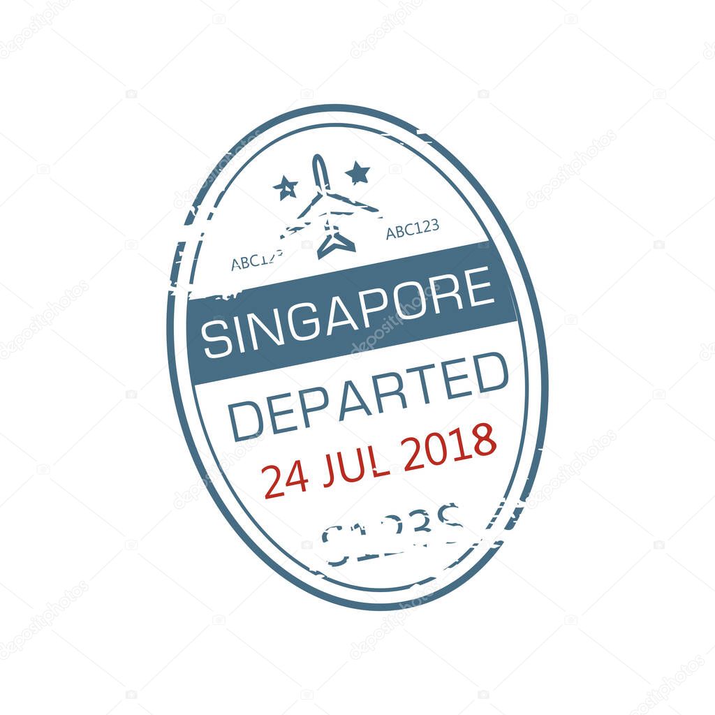 Singapore departed oval visa stamp isolated grunge icon with airplane and date. Vector departure from Malaysia airport sign, international border control rubber seal, Indonesia destination