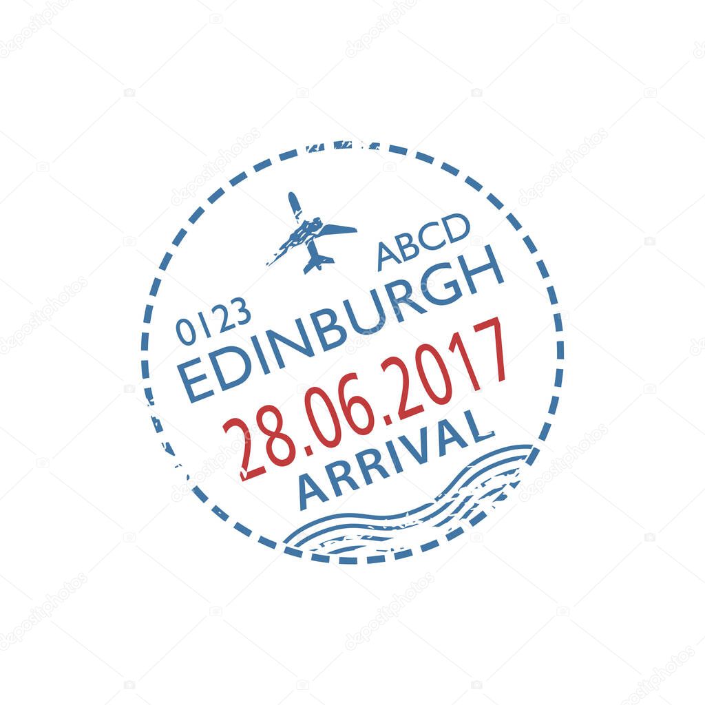 Edinburgh airport arrival visa round stamp isolated. Vector Scotland and UK border control, arrived sign