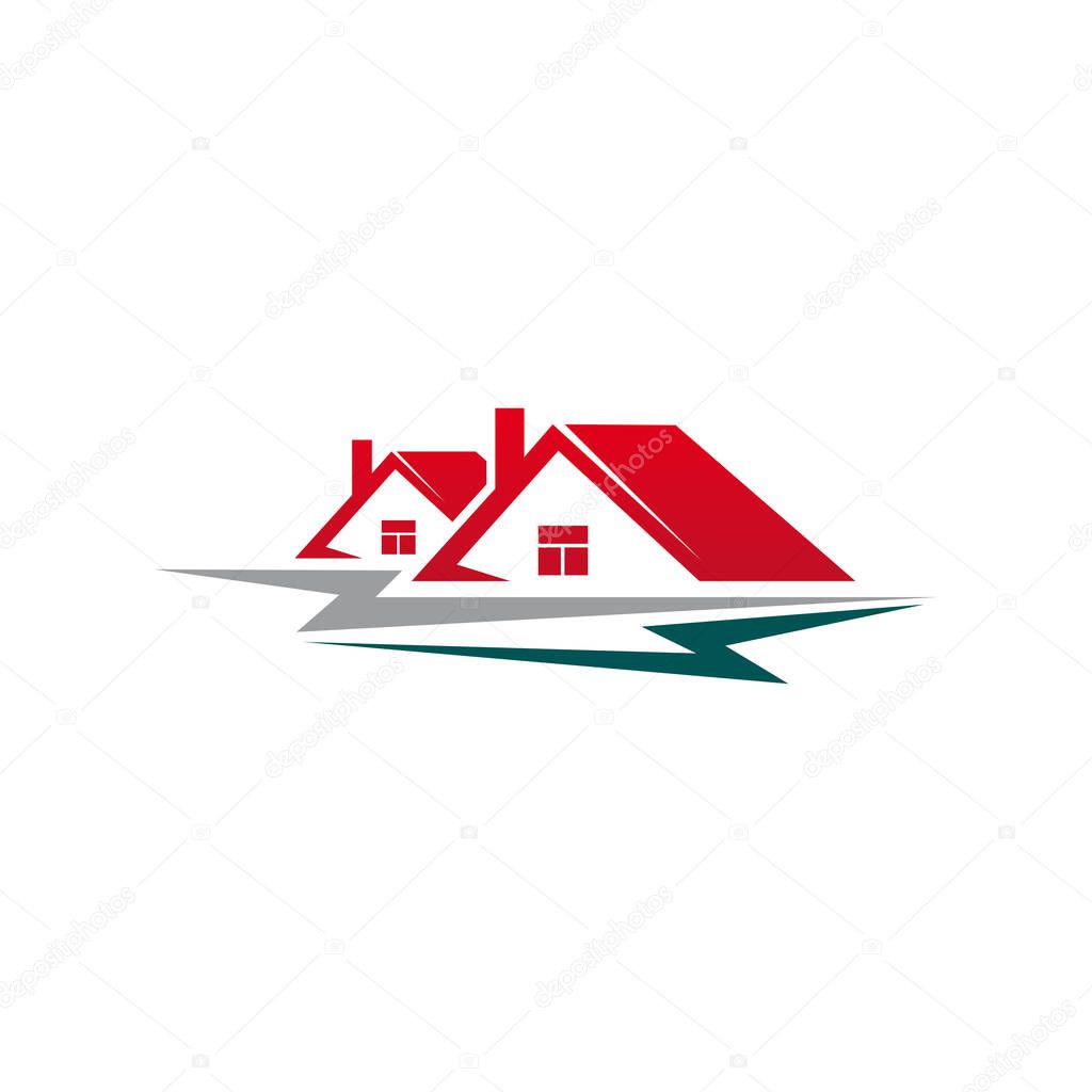 Real estate isolated houses. Vector red and green roof of cottage house, construction company logo