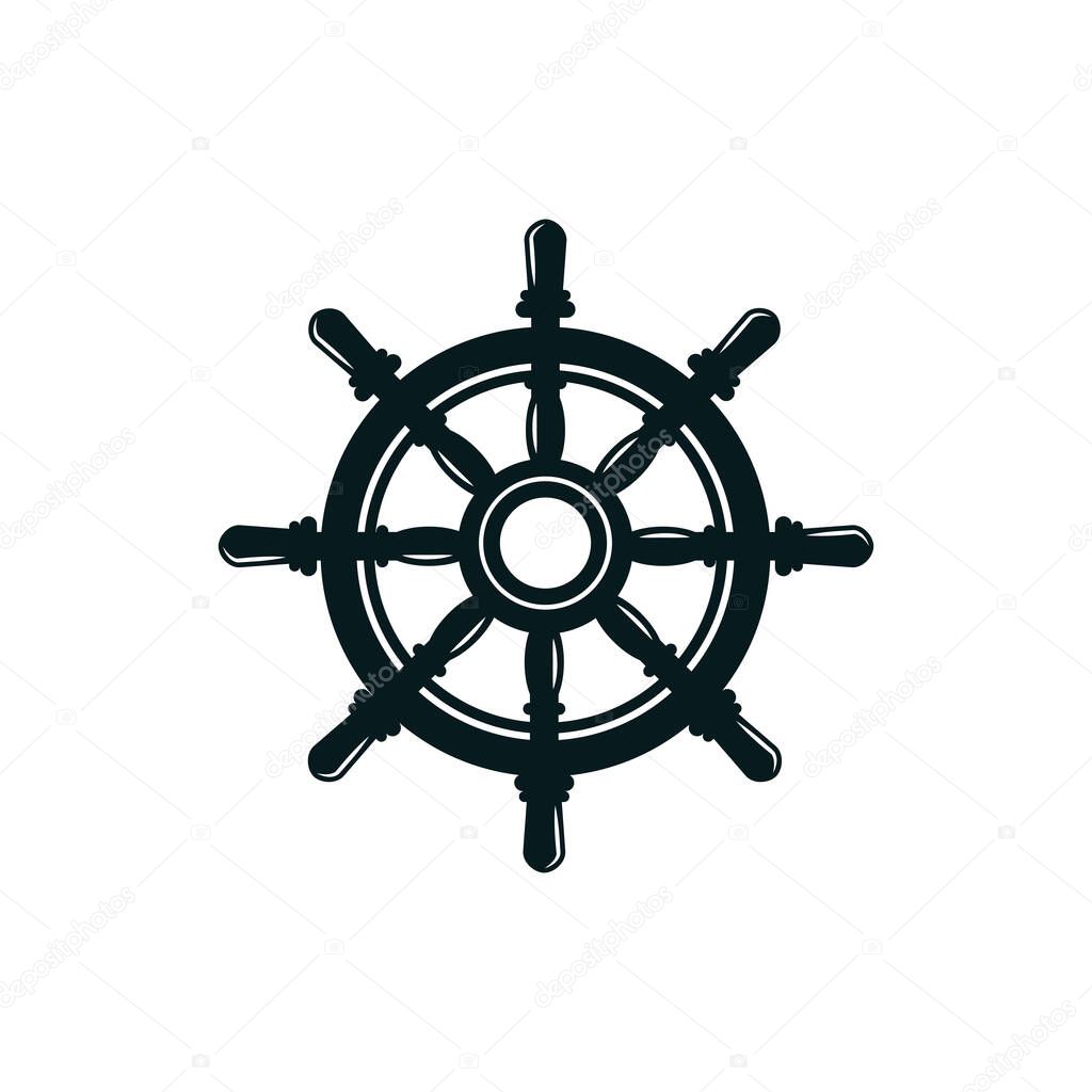 Retro handwheel isolated navigation symbol. Vector steering wheel with handles, control shipwheel
