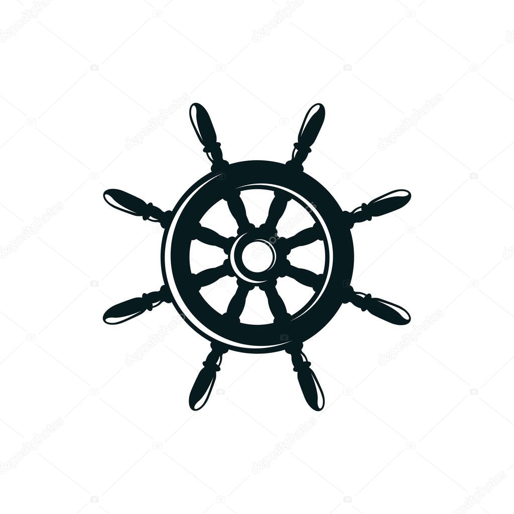 Ship rudder silhouette vector illustration. Sailing, maritime transport hand drawn monocolor symbol. Antique rudder, steering wheel monochrome drawing. Old fashioned marine travel, captain helm