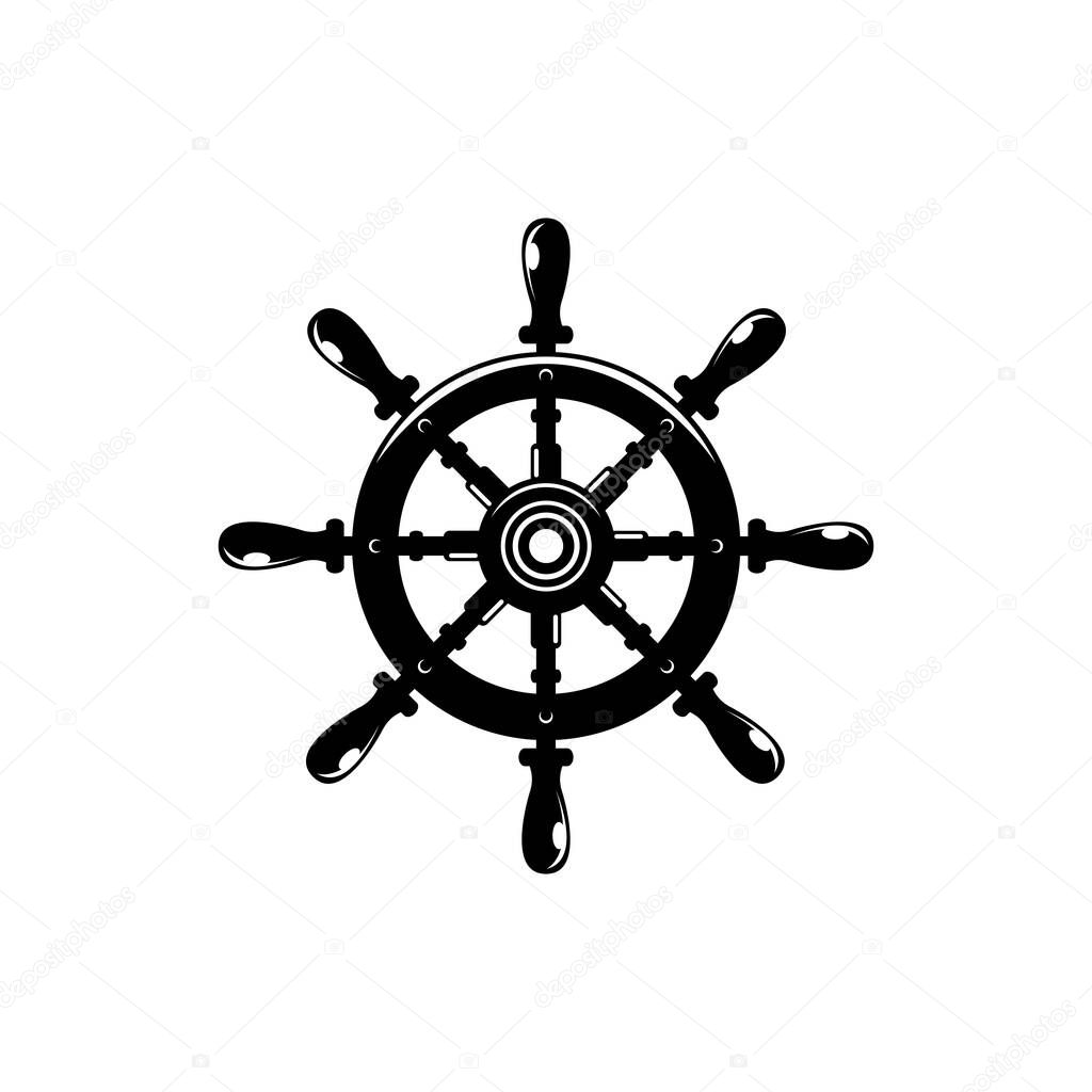 Ship steering wheel with anchors contour vector illustration. Sailing, maritime linear black symbol. Antique, vintage rudder, steering wheel outline drawing. Sailor tattoo design, harbor, vessel logo