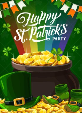 Mutlu St. Patricks parti posteri leprikon altın sikkeler, yeşil silindir şapka ve yonca, ayakkabılar ve gökkuşağı. İrlanda Aziz Patricks bayramı geleneksel bayram, Kelt partisi daveti
