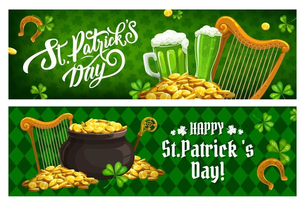 Patricks Day Ierse Feestspandoeken Cartoon Vector Harp Shamrocks Klaverblad Gouden — Stockvector