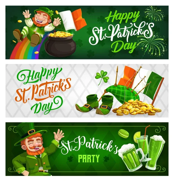 Patricks Day Banners Caricatura Vector Duende Verde Sombrero Copa Montando — Vector de stock