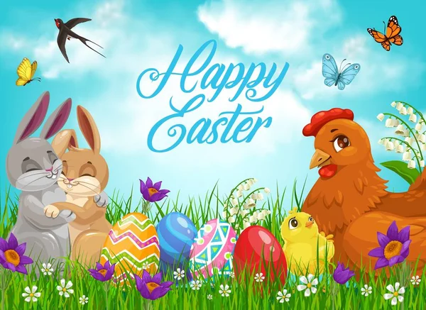 イースターバニーと卵と雛 ベクトル宗教の休日 緑の芝生のブレード クロッカスやユリの花 ツバメの鳥と春のフィールドに描かれた卵とイースターウサギや鶏 — ストックベクタ