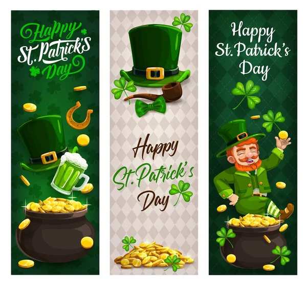 Patricks Day Leprechaun Gold Clovers Vector Banners Irish Holiday Green — Stock Vector