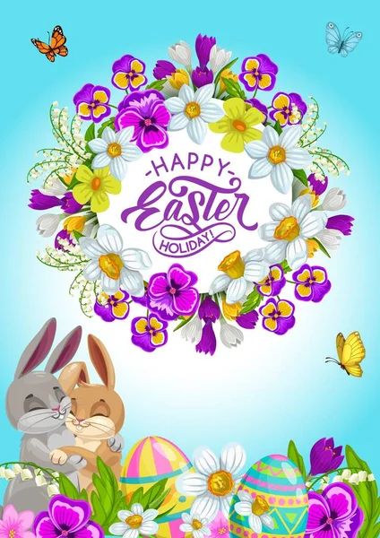 Huevos Pascua Conejos Flores Tarjeta Felicitación Vectorial Animales Conejo Abrazándose — Archivo Imágenes Vectoriales