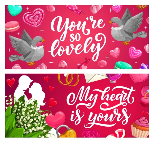 Día San Valentín Amor Regalos Vacaciones Banderas Vectoriales Corazones Pareja — Vector de stock