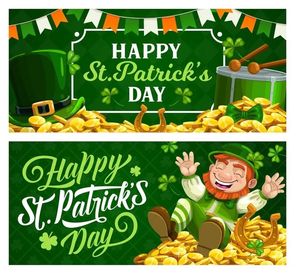 Patrick Day Cartoon Vector Banners Leprechaun Green Top Hat Sitting — Stock Vector