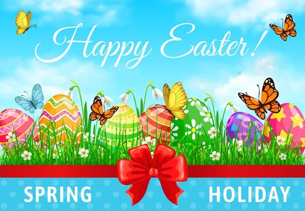 Gelukkige Pasen Vakantie Vector Poster Versierde Eieren Grassprieten Met Lentebloemen — Stockvector