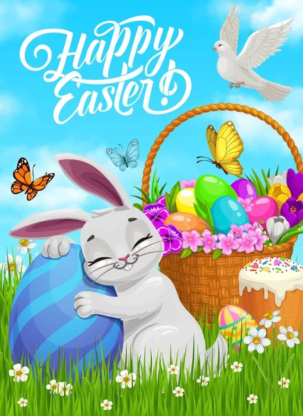 Happy Easter Vector Poster Cartoon Bunny Hug Painted Egg Meadow — Stock Vector