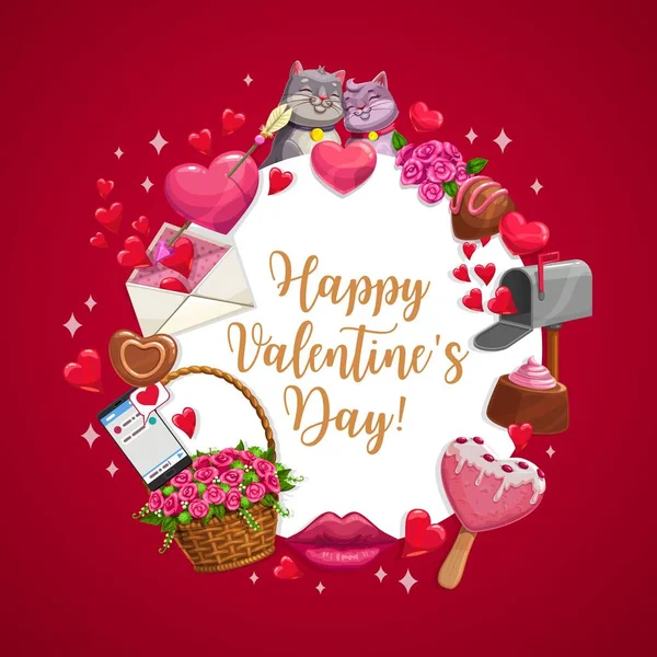 발렌타인데 고양이 하트와 화살이 포스터 초콜릿 악세사리 바구니에 꽃들이 포스터 — 스톡 벡터