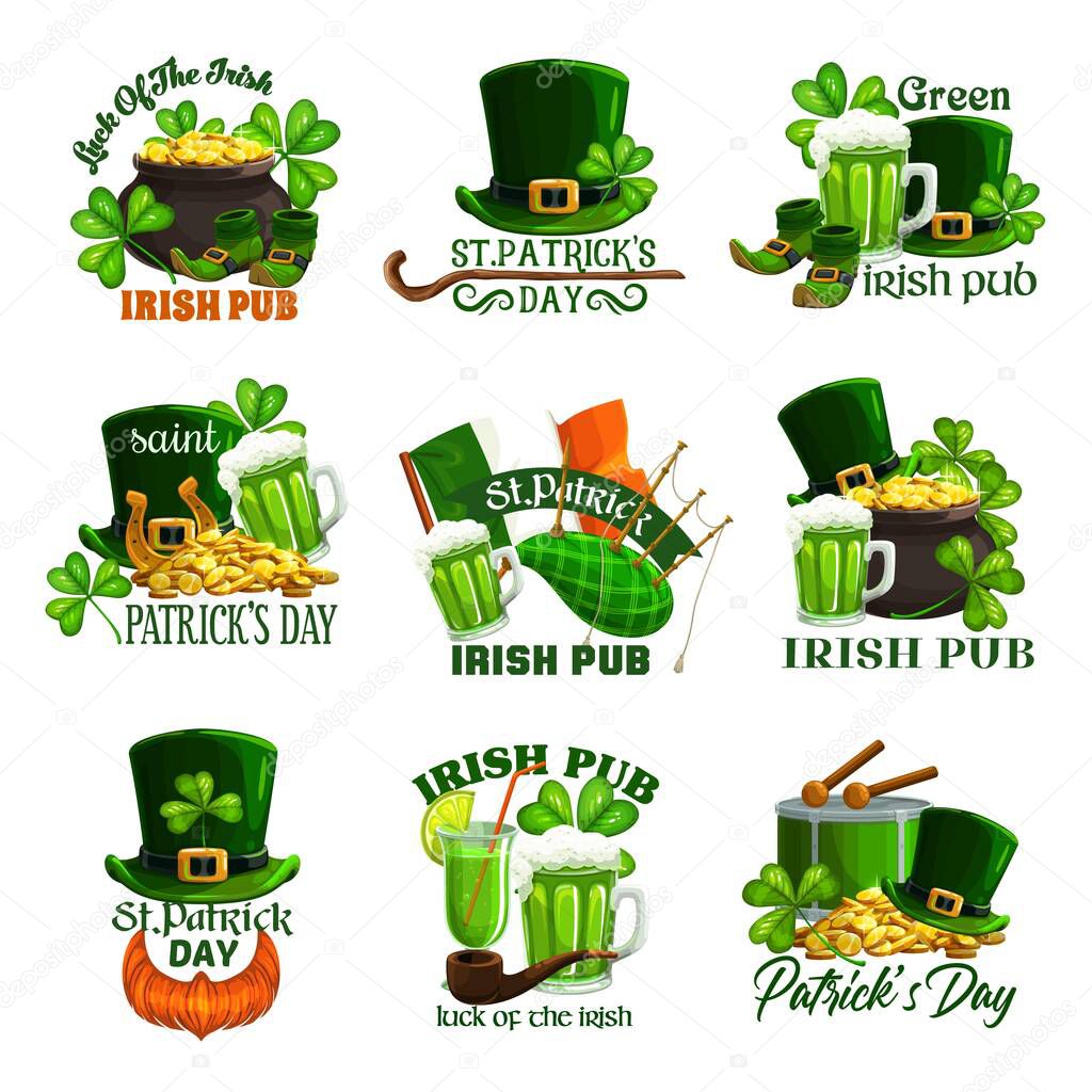 St Patricks Day holiday isolated vector icons. Irish pub green beer, clovers, leprechaun gold pots and hats, golden coins, shamrock leaves and lucky horseshoe, Ireland flag and treasure cauldron