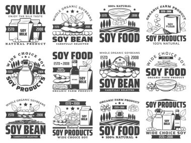 Doğal soya fasulyesi ürünleri retro ikonlar dizildi. Soya sütü kutusu, bir çuval un ve yağ şişesi, sos, tofu derisi ve peynir, kabartma işlemeli vektör. Organik soya çiftliği, vejetaryen gıda amblemleri.