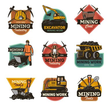 Kömür madenciliği endüstrisi izole vektör ikonları mayın makinelerini ve madenci ekipmanlarını ayarladı. Metal cevheri, kömür, kazıcı veya kazıcı ve buldozer, kaya matkabı ve kazma, el arabalı sert şapkalı adam