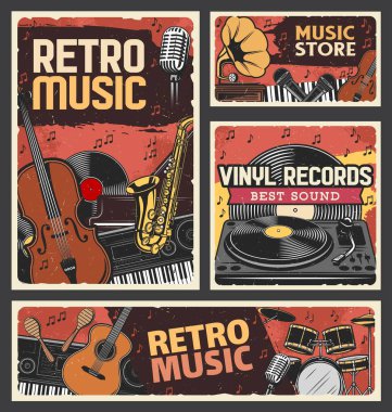 Retro müzik mağazası ve vinil plak mağazası afişi. Müzik aletleri, kayıt ve çalma ekipmanları. Keman, saksafon ve sentezleyici, piyano, gitar ve maraca, vinil diskler vintable oymalı vektör