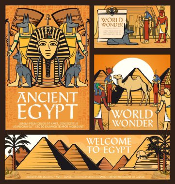 Antik Mısır posterleri, Büyük Giza piramitleri, Sfenks ve Mısır tanrıları Anubis, Amun ve Hathor ile Thoth, tanrıça Ausar çölde Abu Simbel tapınağı yakınlarında deve karikatürü pankartlarıyla