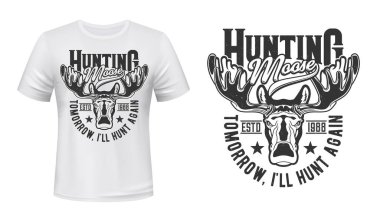 Geyik geyiği, av kulübü tişörtü baskısı modeli, avcı kupa vektör amblemi. Vahşi orman geyiği ya da geyik boynuzlu ağızlık, av sezonu ve tişört izi için avcı kulübü hayvan maskotu rozeti.