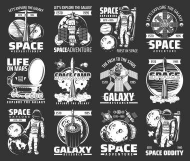 Dış uzay, tek renkli vektör simgelerini araştırır. Evrenin galaksi macerası. Kaşifler ve yabancı gezegen kolonileştirme görevi. Astronot, uzay mekiği ve uydular kozmos araştırma retro etiketleri
