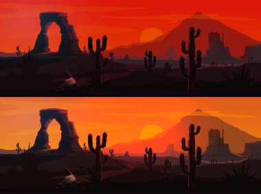 Arizona veya Batı doğası ile ABD çöl peyzajı vektör geçmişi. Meksika saguaro kaktüsleri ve Vahşi Batı dağları, gün batımı ve gün doğumu güneşleri, kaya ve kum yolları, boğa kafatasları, kızıl gökyüzü ve bulutlar