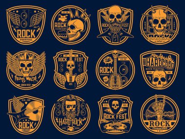 Heavy Rock ve Punk müzik ikonları hazır. Rock festivali ve heavy metal konser amblemleri. Boynuzlu kötü heykelcikler, mohawk saç stili ve taç, kanatlı ve çapraz elektro gitarlar, davul işlemeli vektör