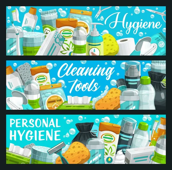 Higiene Lavado Personal Salud Productos Limpios Banderas Vectores Artículos Tocador — Archivo Imágenes Vectoriales