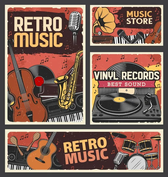 Loja Música Retro Banner Loja Discos Vinil Instrumentos Musicais Equipamento —  Vetores de Stock
