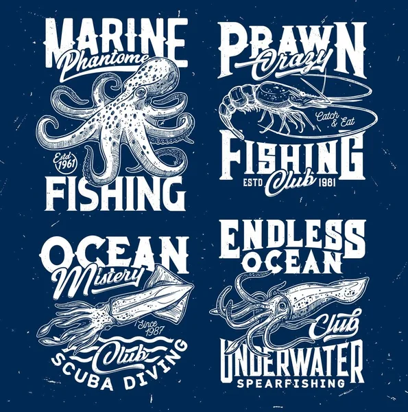 Θαλάσσια Αλιεία Γαρίδας Ωκεανός Καταδύσεις Club Shirt Εκτύπωσης Χταπόδι Και — Διανυσματικό Αρχείο